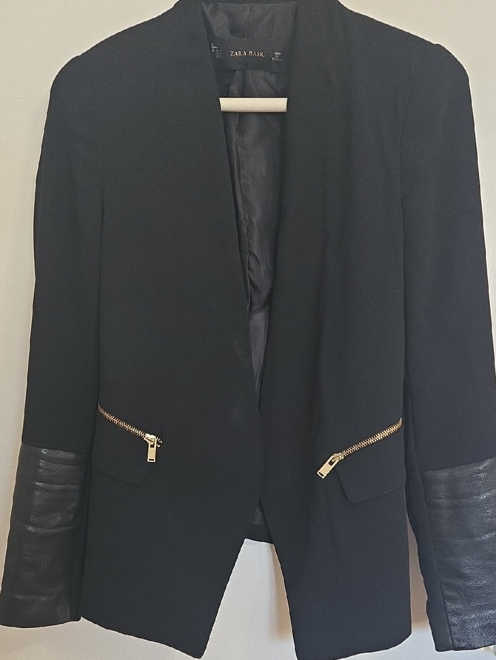 Zara Black Blazer with Faux Leather Sleeve Panels and Gold Zip Pockets